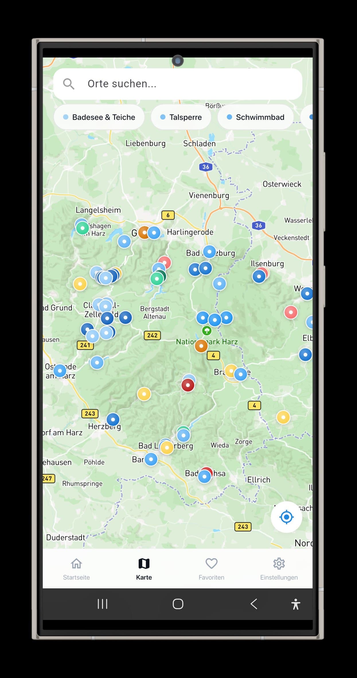 Kartenansicht der Harz Wasser Guide App mit markierten Badeseen, Talsperren und Wanderwegen